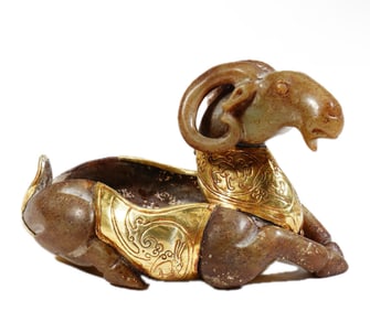 A BRONZE MOUNTED JADE RAM