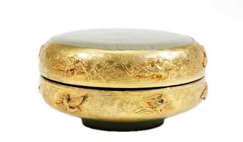 A BRONZE MOUNTED RU-WARE BOX WITH COVER