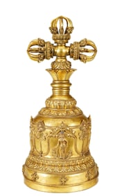 A VERY RARE SINO-TIBETAN BRONZE-GILT VAJRA BELL