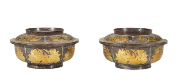 PAIR SILVER PARTLY GILT BOWLS WITH COVERS