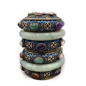 ORNATE CLOISONNE BOX WITH JADE AND STONE