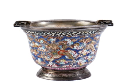 A BRONE PAINTED ENAMEL DRAGON BOWL