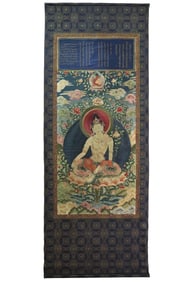 SILK TIBETAN THANKA OF BODHISATTVA WITH SANSKRIT