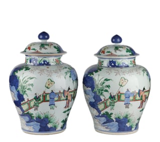 PAIR WUCAI GLAZE FIGURAL STORY GARNITURES