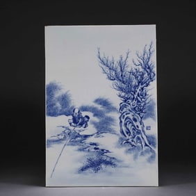 A BLUE AND WHITE FIGURAL STORY PORCELAIN PLAQUE