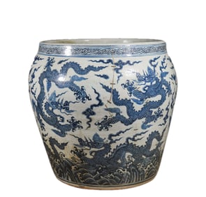 A MASSIVE BLUE AND WHITE DRAGONS JARDINIERE