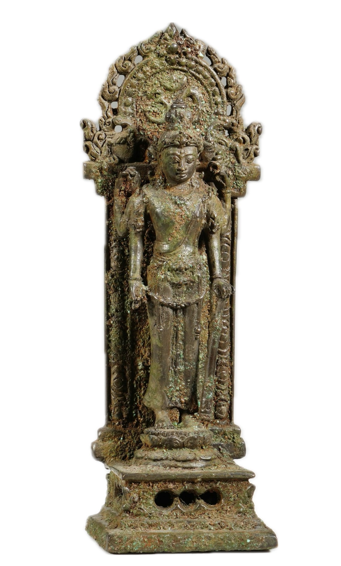 A COPPER ALLOY STANDING SHIVA NORTHEASTERN INDIA: A COPPER ALLOY STANDING SHIVA NORTHEASTERN INDIA Standing on a lotus pedestal above a square plinth, his radiating hands holding a trident, drum, noose and bowl, his face with bulging almond-shaped ey