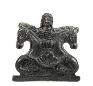 A LURISTAN BRONZE FIGURE WITH HORSES PLAQUE