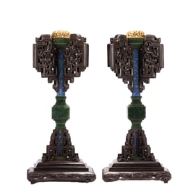 PAIR FINE AND RARE HARDSTONE DECORATED HATSTANDS