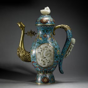 A JADE INLAID CLOISONNE ENAMEL KETTLE
