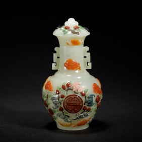 A HARDSTONES DECORATED JADE VASE