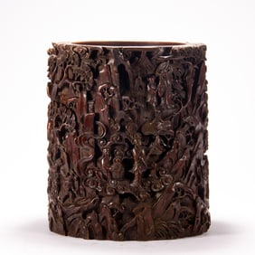 A FINE CARVED ROSEWOOD BRUSHPOT