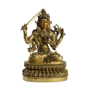 A SINO-TIBETAN BRONZE-GILT MANJUSRI