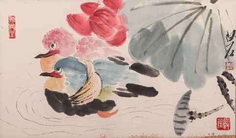 A CHINESE PAINTING OF LOVE BIRDS SIGNED QI BAISHI