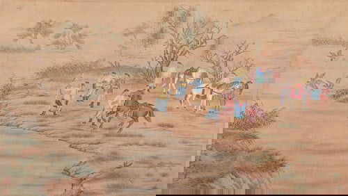 A CHINESE PAINTING OF HUNTING SCENE SIGNED LANG SHINING