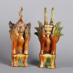 PAIR SANCAI GLAZE GUARDIAN MYTHICAL BEASTS