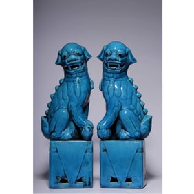 PAIR TURQUOISE GLAZE BUDDHIST LIONS