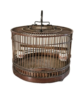 BAMBOO BIRD CAGE WITH PORCELAIN FEEDERS