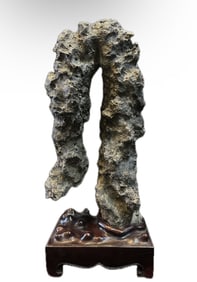 A SCHOLAR STONE WITH WOOD BASE