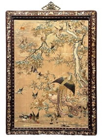 CHINESE MOTHER OF PEARL INLAID SILK EMBROIDERED PANEL
