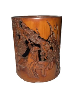 CARVED BAMBOO BRUSH POT WITH CALLIGRAPHY