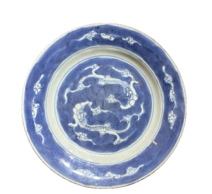 CHINESE BLUE AND WHITE PORCELAIN DRAGON PLATE
