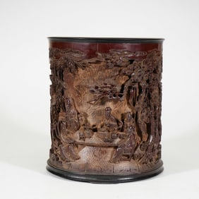 A CARVED BAMBOO FIGURAL STORY BRUSHPOT