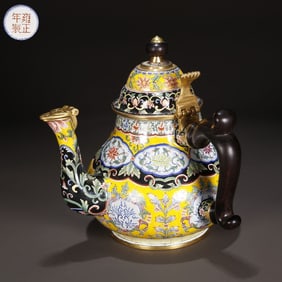YELLOW GROUND BRONZE ENAMEL EWER WITH MARK