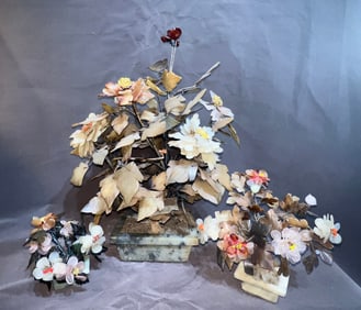 THREE CHINESE JADE FLOWER TREES HARDSTONE PLANTERS