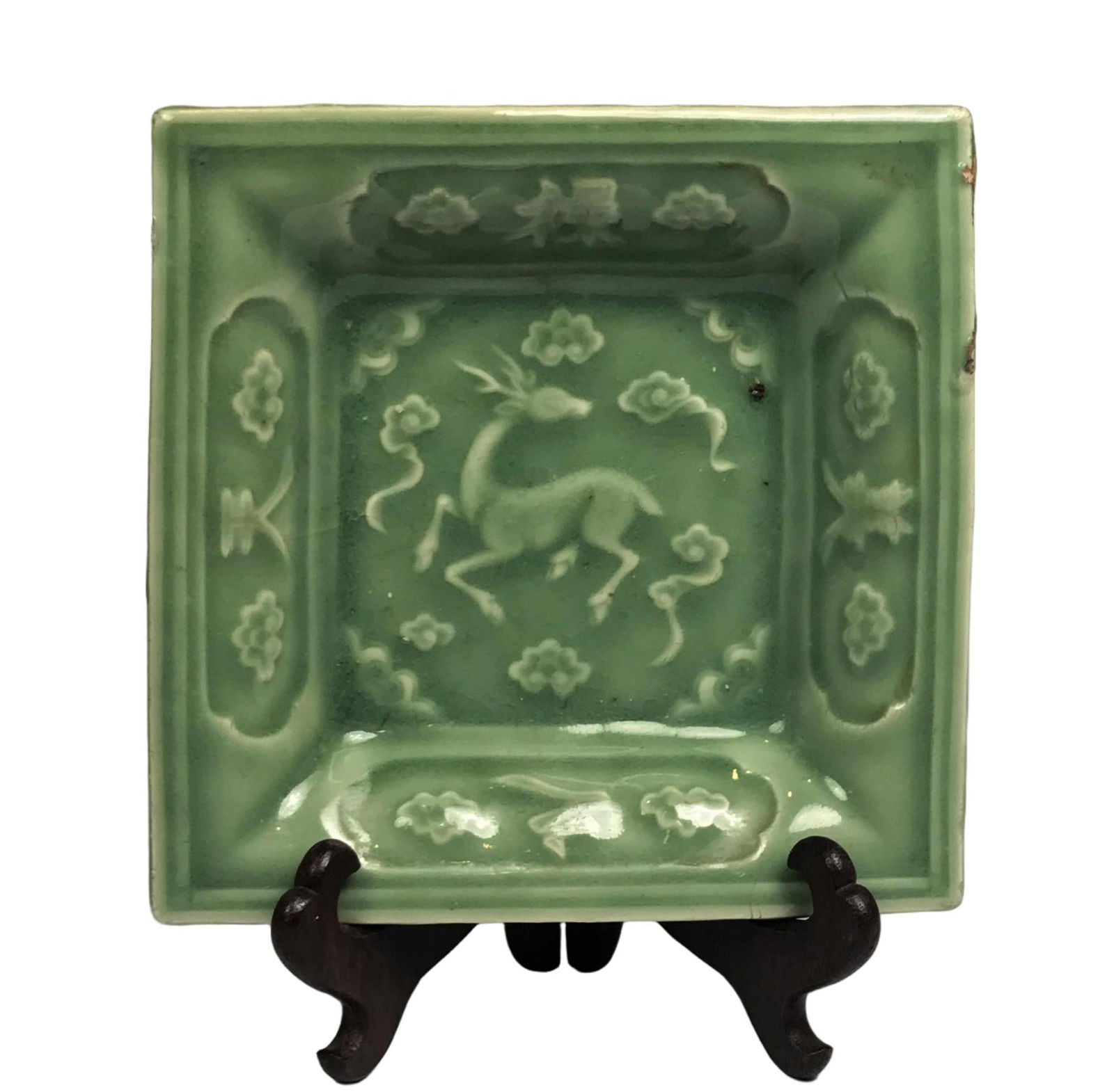 CHINESE CELADON-GLAZED SQUARE DISH WITH DEER MOTIF