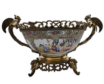 FAMILLE ROSE MEDALLION PUNCH BOWL WITH METAL FITTINGS
