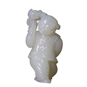 A WHITE JADE FIGURE OF A BOY HOLDING A LOTUS