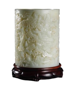 MAGNIFICENT LARGE JADE BRUSH POT WITH LANDSCAPE AND FIGURES