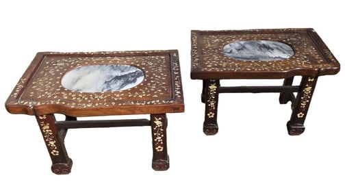 TWO CHINESE FINE HARDWOOD TABLES WITH DREAMSTONE