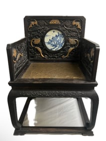 FINELY CARVED ZITAN ARMCHAIR WITH PORCELAIN PLAQUE