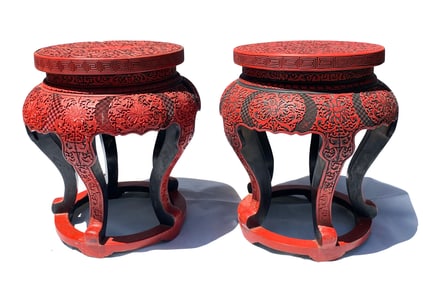 PAIR OF CHINESE CINNABAR LACQUER DRUM STOOLS