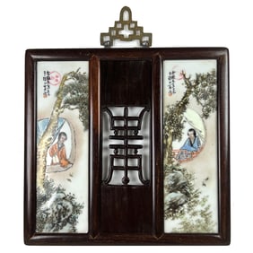 CHINESE FAMILLE ROSE PORCELAIN PLAQUE & WOOD FRAME