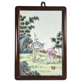 A CHINESE FAMILLE ROSE LANDSCAPE PORCELAIN PLAQUE WITH WOOD FRAME