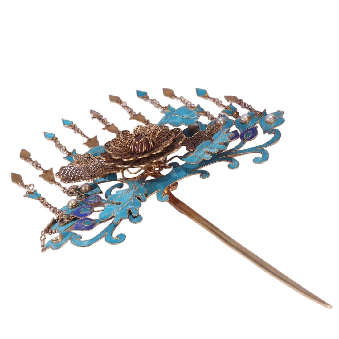 QING DYNASTY KINGFISHER FEATHER GILT-SILVER HAIRPIN (1 of 9)