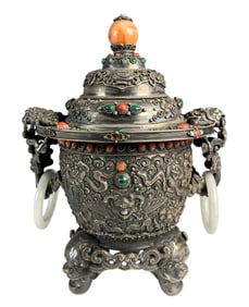 SILVER AND GEM-INLAID TRIPOD CENSER WITH JADE RINGS
