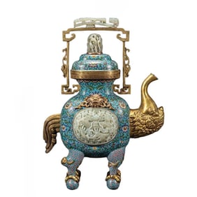 RARE CLOISONNE ENAMEL WINE VESSEL WITH JADE CARVINGS