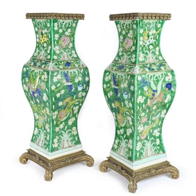 PAIR OF LARGE FAMILLE VERTE VASES WITH BRONZE MOUNTS