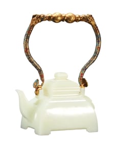 RARE WHITE JADE TEAPOT WITH CLOISONNÉ ENAMELED GILT BRONZE HANDLE