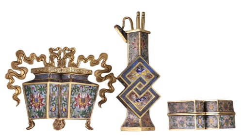 QING CLOISONNE ENAMEL THREE-PIECE SCHOLAR'S SET