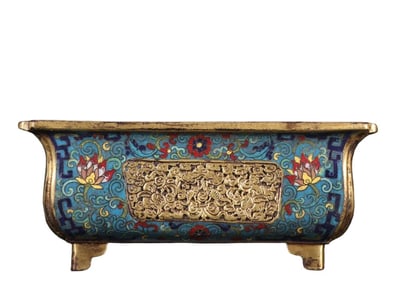 CHINESE CLOISONNE ENAMEL RECTANGULAR BASIN WITH LOTUS SCROLLS