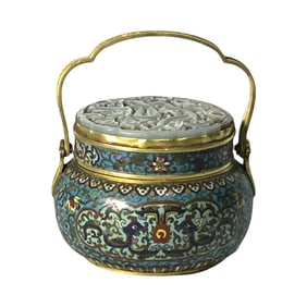 RARE CHINESE CLOISONNE ENAMEL AND WHITE JADE LIDDED JAR