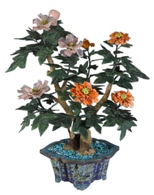 CHINESE HARDSTONE PEONY TREE IN CLOISONNE PLANTER
