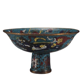 CHINESE CLOISONNE ENAMEL STEM BOWL WITH LIONS AND LOTUS