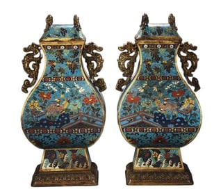 PAIR OF LARGE CLOISONNE ENAMEL PHOENIX AND PEONY VASES