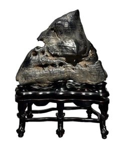 TAIHU STONE SCHOLAR'S ROCK ON WOOD STAND